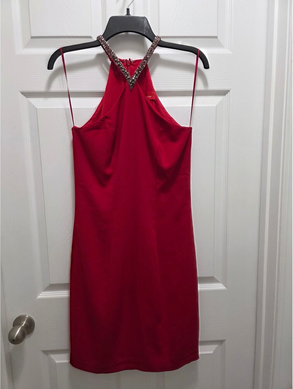 Carmen Marc Valvo Infusion Red Mini Dress with Beaded Neckline